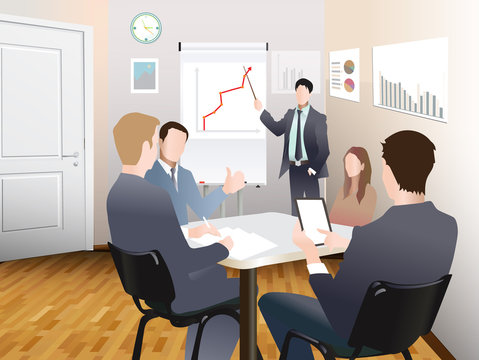 Businessmen discuss sales growth in the office chart Businessman shows on board plot sruppa employees at work, flet, vector office workers to discuss at the meeting, isolated, office interior