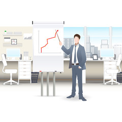 Businessmen discuss sales growth in the office chart Businessman shows on board plot sruppa employees at work, flet, vector office workers to discuss at the meeting, isolated, office interior © tanshy