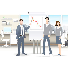 Businessmen discuss sales growth in the office chart Businessman shows on board plot Group employees at work, flet, vector office workers to discuss at the meeting, isolated, office interior © tanshy