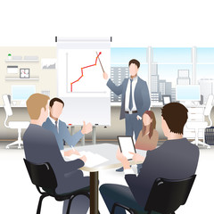 Businessmen discuss sales growth in the office chart Businessman shows on board plot Group employees at work, flet, vector office workers to discuss at the meeting, isolated, office interior © tanshy
