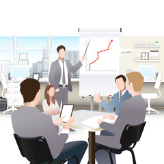 Businessmen discuss sales growth in the office chart Businessman shows on board plot Group employees at work, flet, vector office workers to discuss at the meeting, isolated, office interior © tanshy