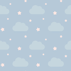 lovely cute sky with clouds and pink little stars seamless vector pattern background illustration