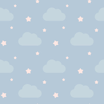 lovely cute sky with clouds and pink little stars seamless vector pattern background illustration
