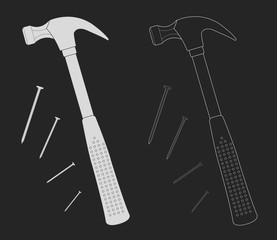 Claw hammer with steel nails. Chalk