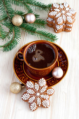 Obraz na płótnie Canvas Christmas Gingerbread cookies with hot drink