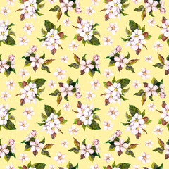 Vintage seamless floral pattern with watercolor painted retro fruit flowers - apple, cherry - on yellow background 