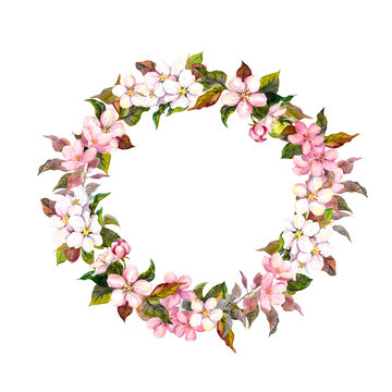 Frame wreath with cherry, apple, almond flowers blossom. Watercolor