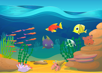 Naklejka na ściany i meble Cartoon fish with seaweed illustration