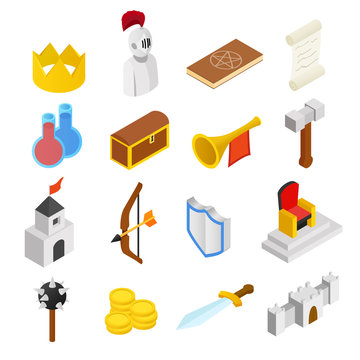 Medieval isometric 3d icons set