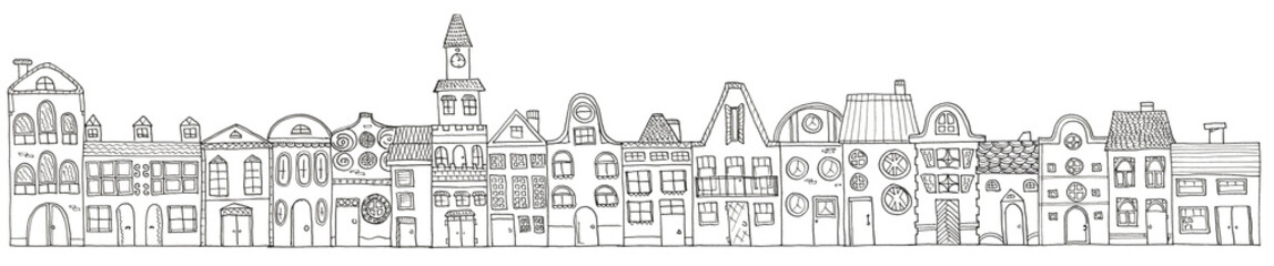 Cartoon hand drawing town houses border isolated. Coloring pages