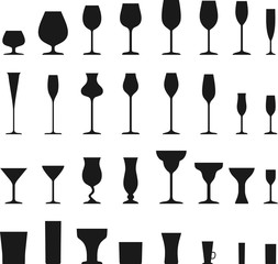 Set of different silhouettes wine glasses isolated on white background. Vector illustration