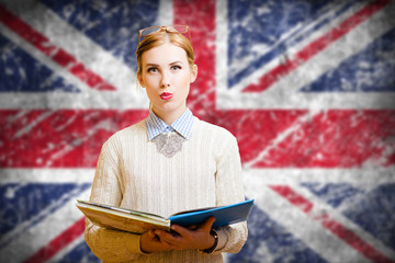 Student girl on english union jack blurred background