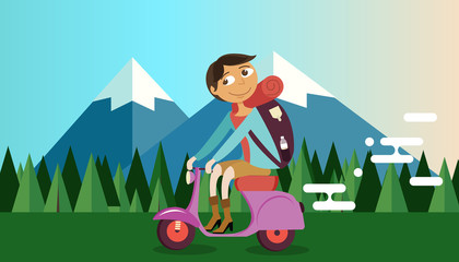 man riding vespa bike motorcycle in nature mountain forest background vector illustration travel