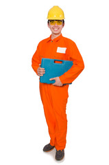 Man in orange coveralls isolated on white