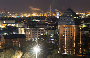 Hamburg city and harbor at night