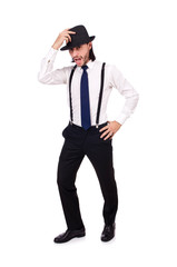 Man wearing hat and suspenders isolated on white