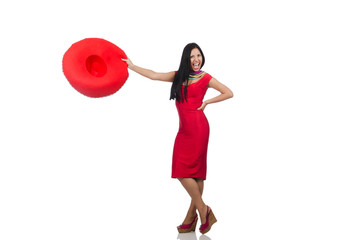 Woman in red dress with sombrero