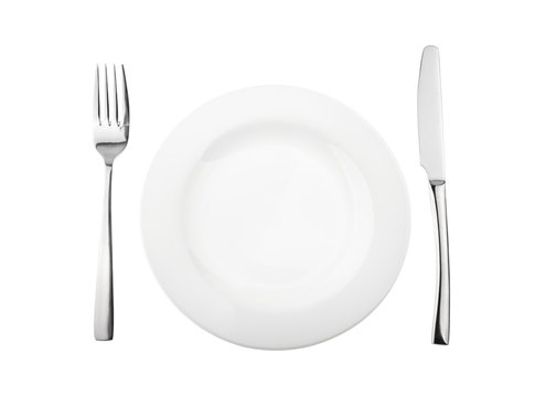 Empty plate, fork and knife isolated on white, without shadow