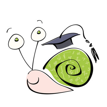 Cute and proud snail with green shell with mathematical symbols wearing graduation cap, Vector illustration