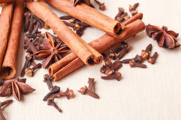Spices cinnamon sticks anise stars and cloves