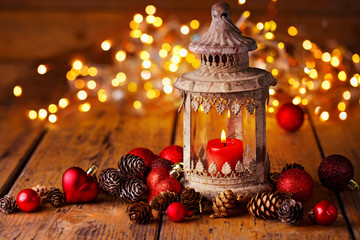 Christmas background  --  Decorated lantern on wood