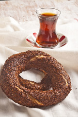 Simit (Turkish bagel) and Turkish tea.