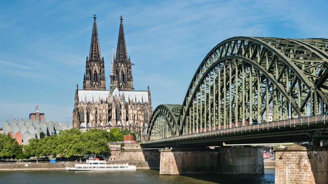 Time Lapse Sequence of Cologne Cathedral with Hohenzollern Bridge and Rhine River in Germany