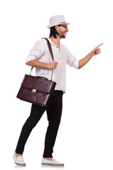 Young man with handbag and hat isolated on white