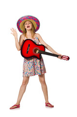 Woman in musical concept with guitar on white