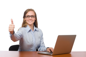 Office employee sitting before laptop isolated on white