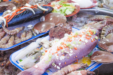 Decorated fish and seafood at a restaurant