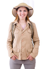 Woman wearing safari hat on white