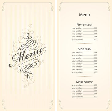 menu for the restaurant in retro Baroque style