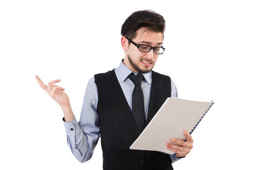 Office employee holding paper isolated on white