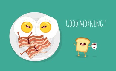 Breakfast. Fried eggs with bacon on a plate. Vector Illustration