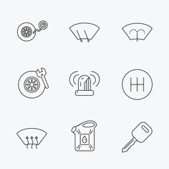 Manual gearbox, tire service and car key icons.