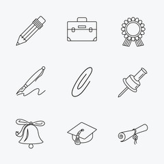 Graduation cap, pencil and diploma icons.