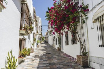 Fototapeta na wymiar typical Andalusian streets and balconies with flowers in Marbell