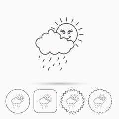 Rain and sun icon. Water drops with cloud sign.
