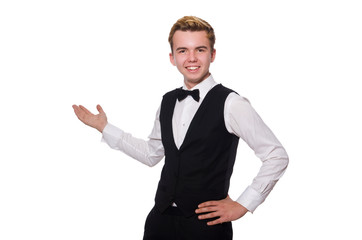 Young man in black classic vest isolated on white