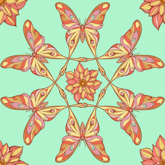 seamless pattern of big colorful butterflies forming mandala sha