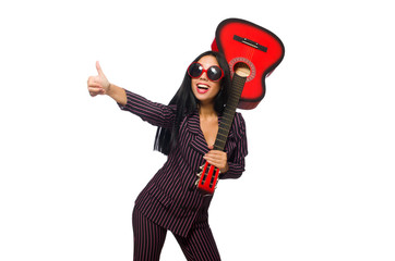 Woman guitar player isolated on white