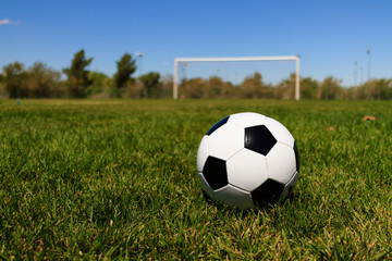 Fototapeta na wymiar Soccer Ball with a Goal at a Field