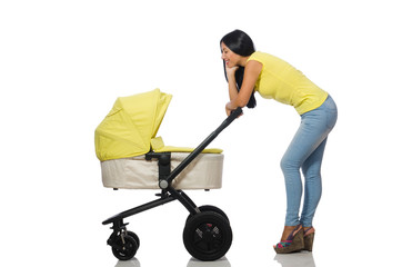 Woman with baby and pram isolated on white