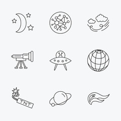 Ufo, planet and telescope icons. Global network.