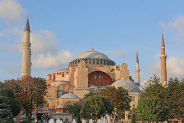 The exterior of Hagia Sophia, located in Istanbul, Turkey.  It was constructed in 537 by Byzantine Emperor Justinian I..