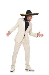 Funny mexican in suit and sombrero isolated on white