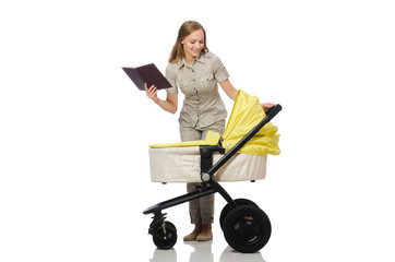 Woman with baby and pram isolated on white