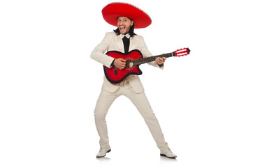 Funny mexican in suit holding guitar isolated on white