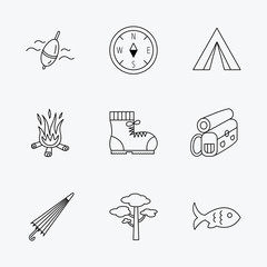 Pine tree, fishing float and hiking boots icons.